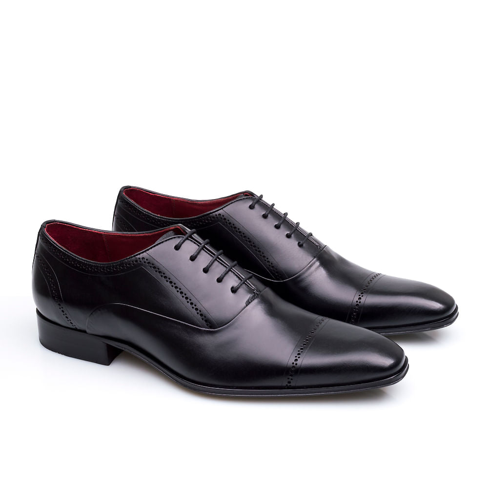 Sapato Masculino Social Fascar Oxford Cap Toe Preto Em Couro