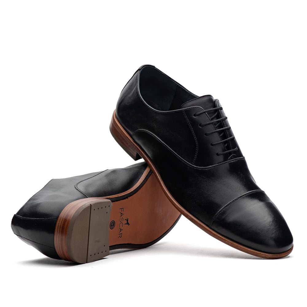 Sapato Masculino Social Fascar Oxford Cap Toe Preto Em Couro