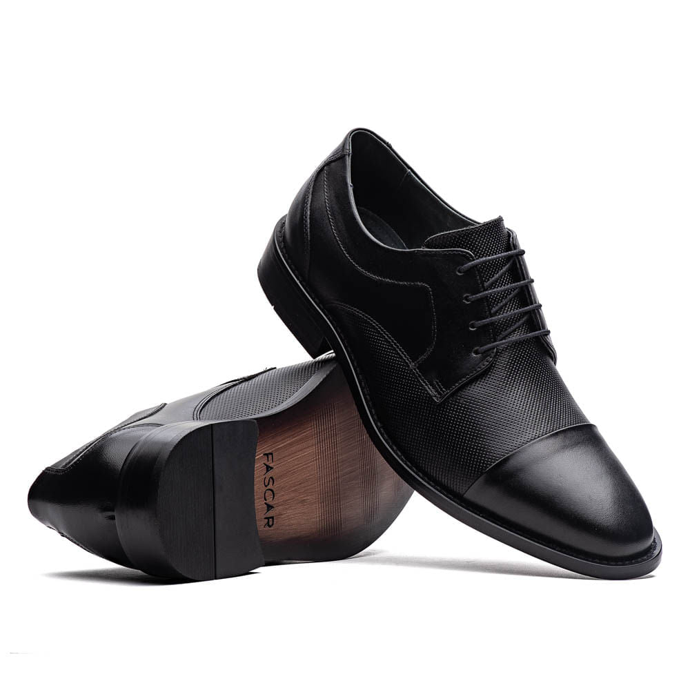 Sapato Masculino Social Fascar Derby Cap Toe Preto Em Couro