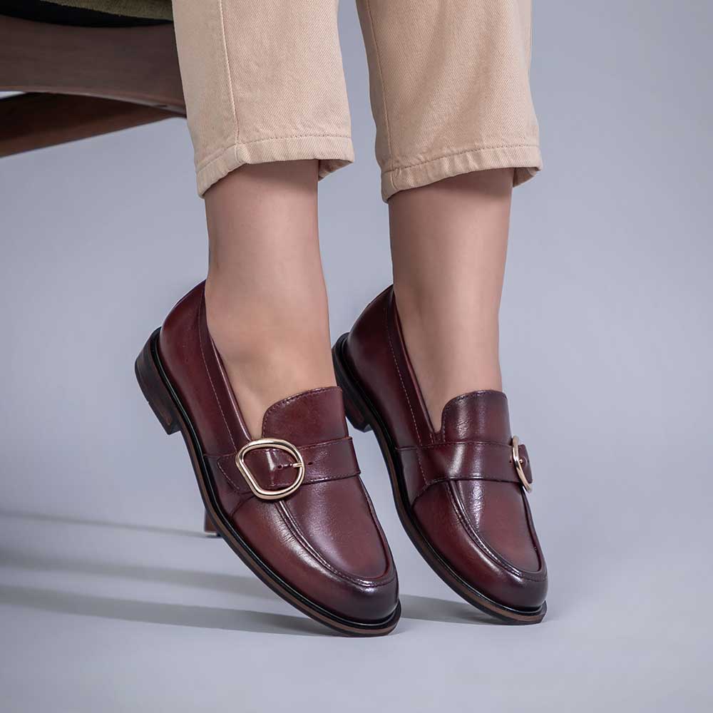 Mocassim Feminino Fascar Bordô Salto Baixo Em Couro