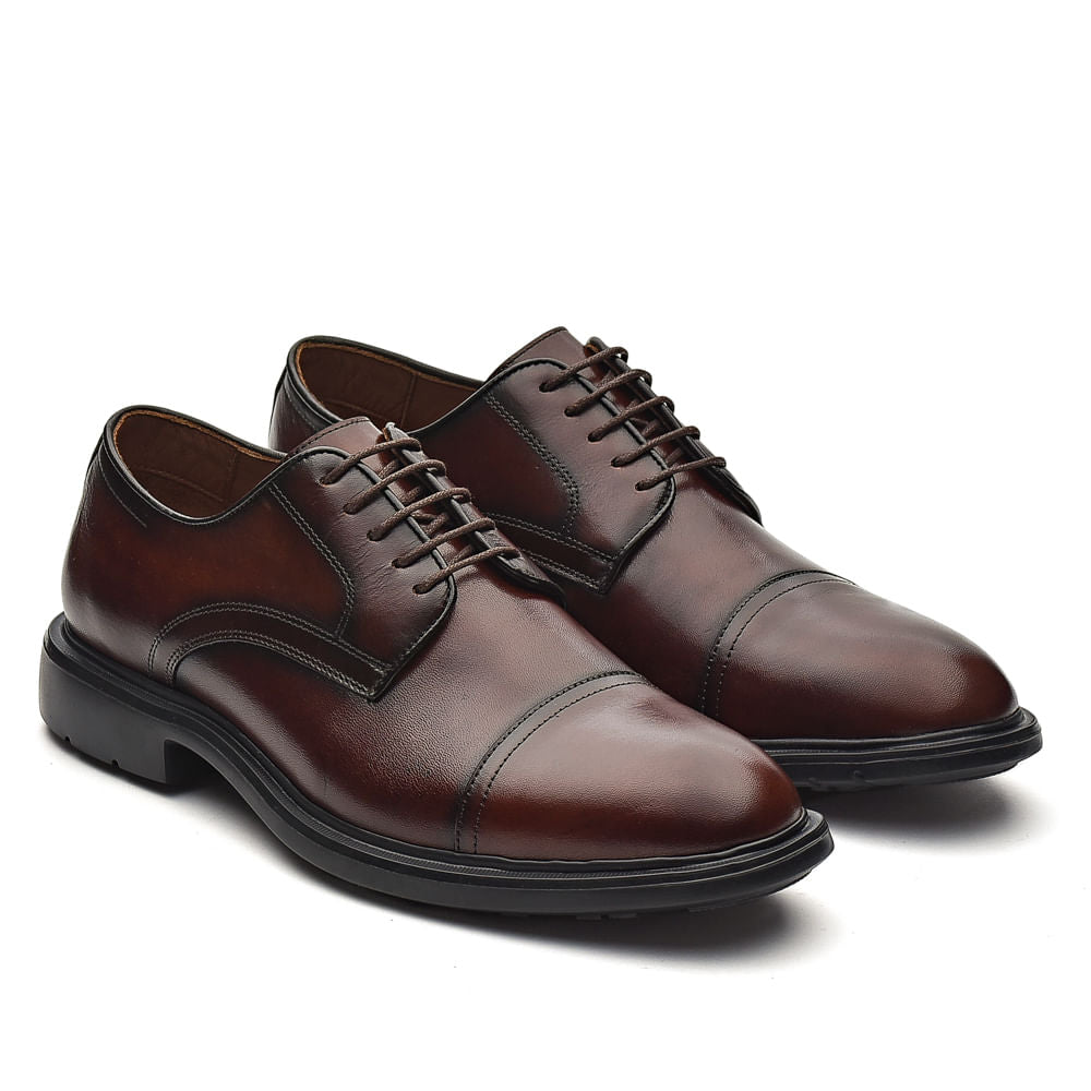 Sapato Masculino Social Fascar Extralight Derby Cap Toe Marrom Em Couro