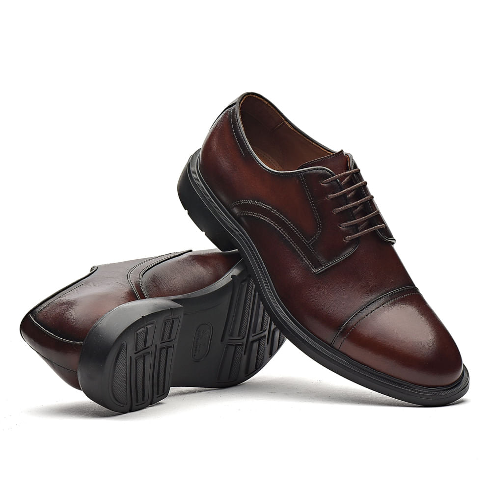 Sapato Masculino Social Fascar Extralight Derby Cap Toe Marrom Em Couro