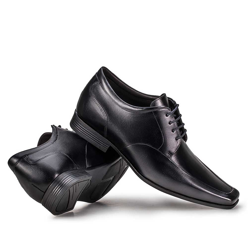 Sapato Masculino Social Com Salto Interno Fascar Altus Derby Preto Em Couro