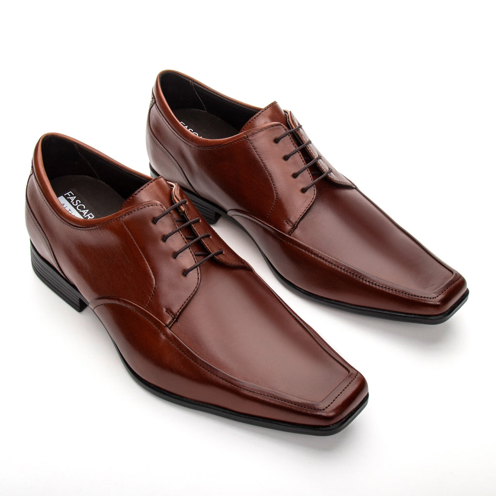 Sapato Masculino Social Com Salto Interno Fascar Altus Derby Marrom Em Couro