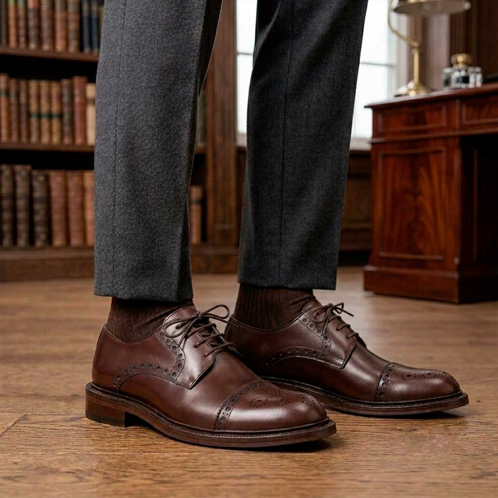 Sapato Masculino Social Derby com Brogue Fascar Marrom em Couro
