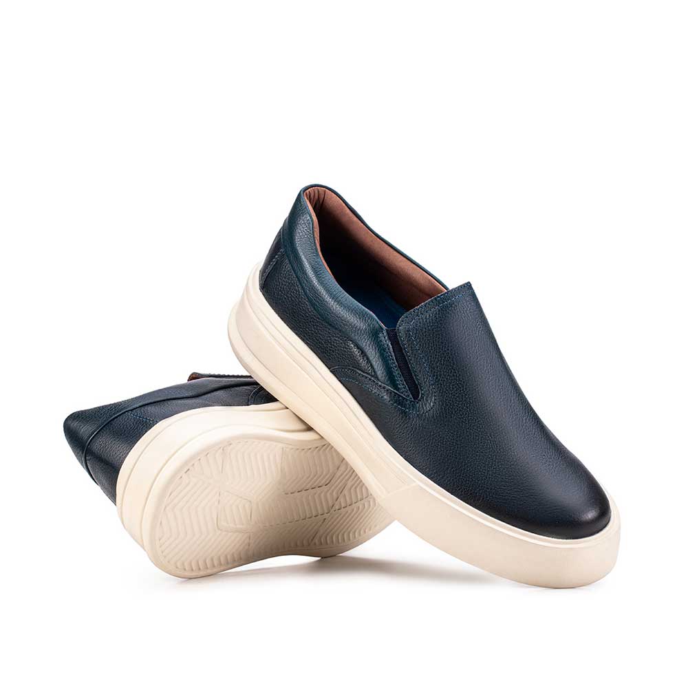 Tênis Masculino Casual Slip-On Fascar Azul-Marinho Em Couro
