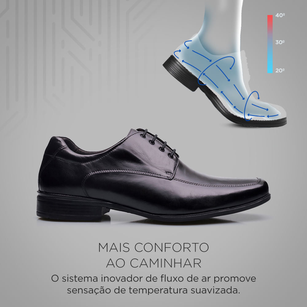 Sapato Masculino Social Fascar Active Air Flow Derby Preto Em Couro