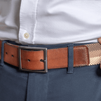 Cinto Masculino Casual Fascar Bege Em Lona Flexível e Couro