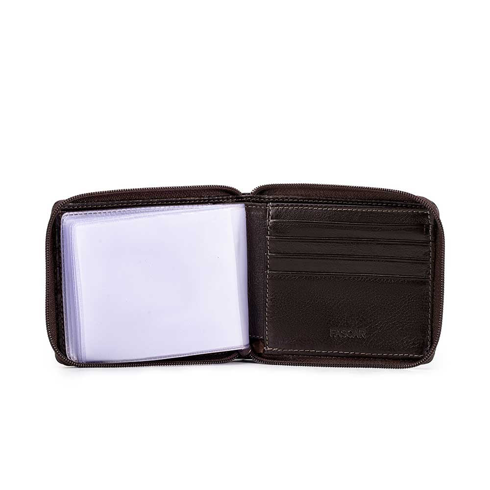 Carteira Masculina Com Zíper Fascar Marrom Em Couro Com Proteção Rfid