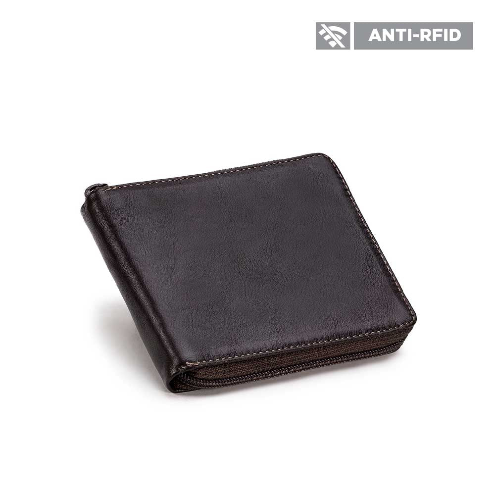 Carteira Masculina Com Zíper Fascar Marrom Em Couro Com Proteção Rfid