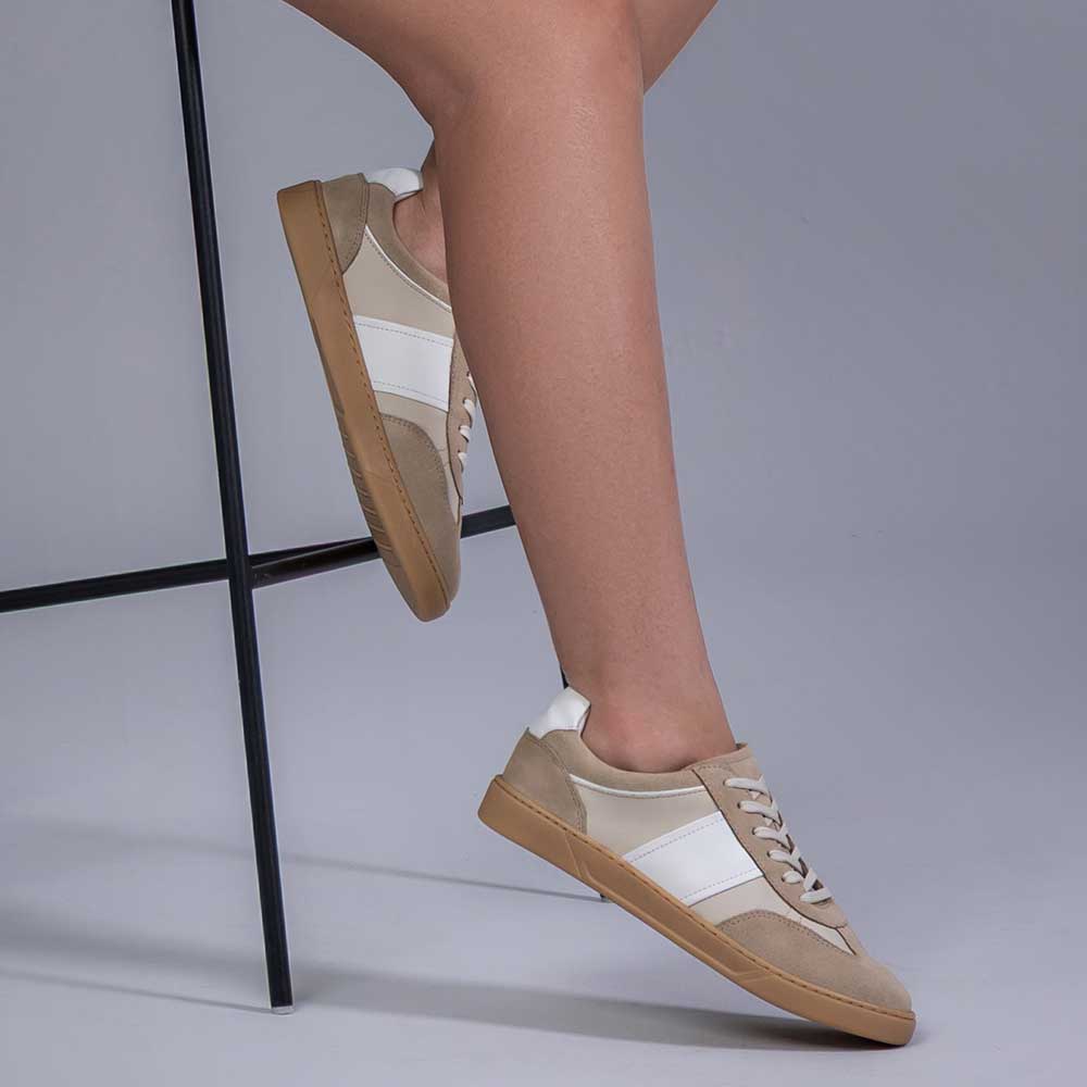 Tênis Feminino Fascar Bege Em Couro