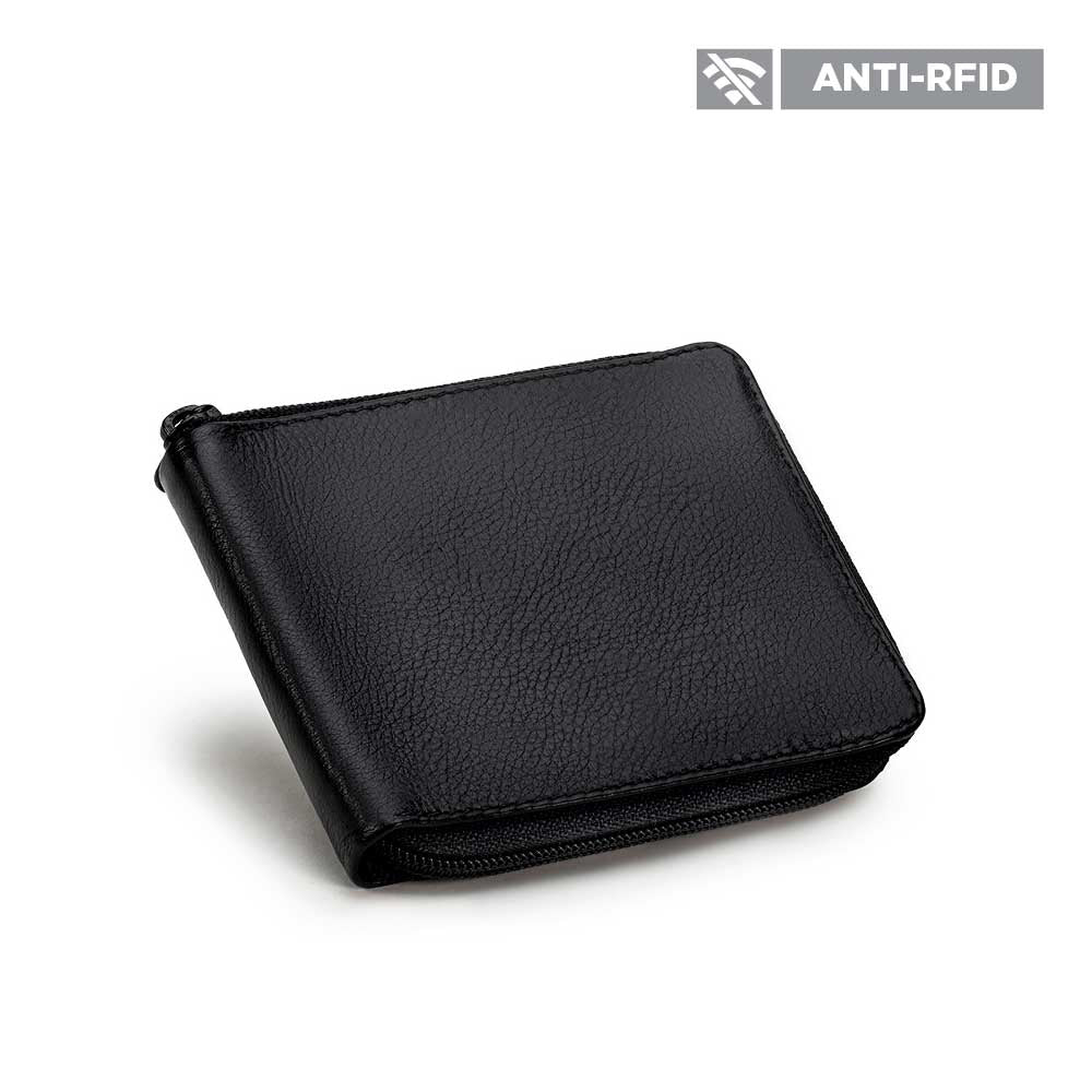 Carteira Masculina Com Zíper Fascar Preta Em Couro Com Proteção Rfid