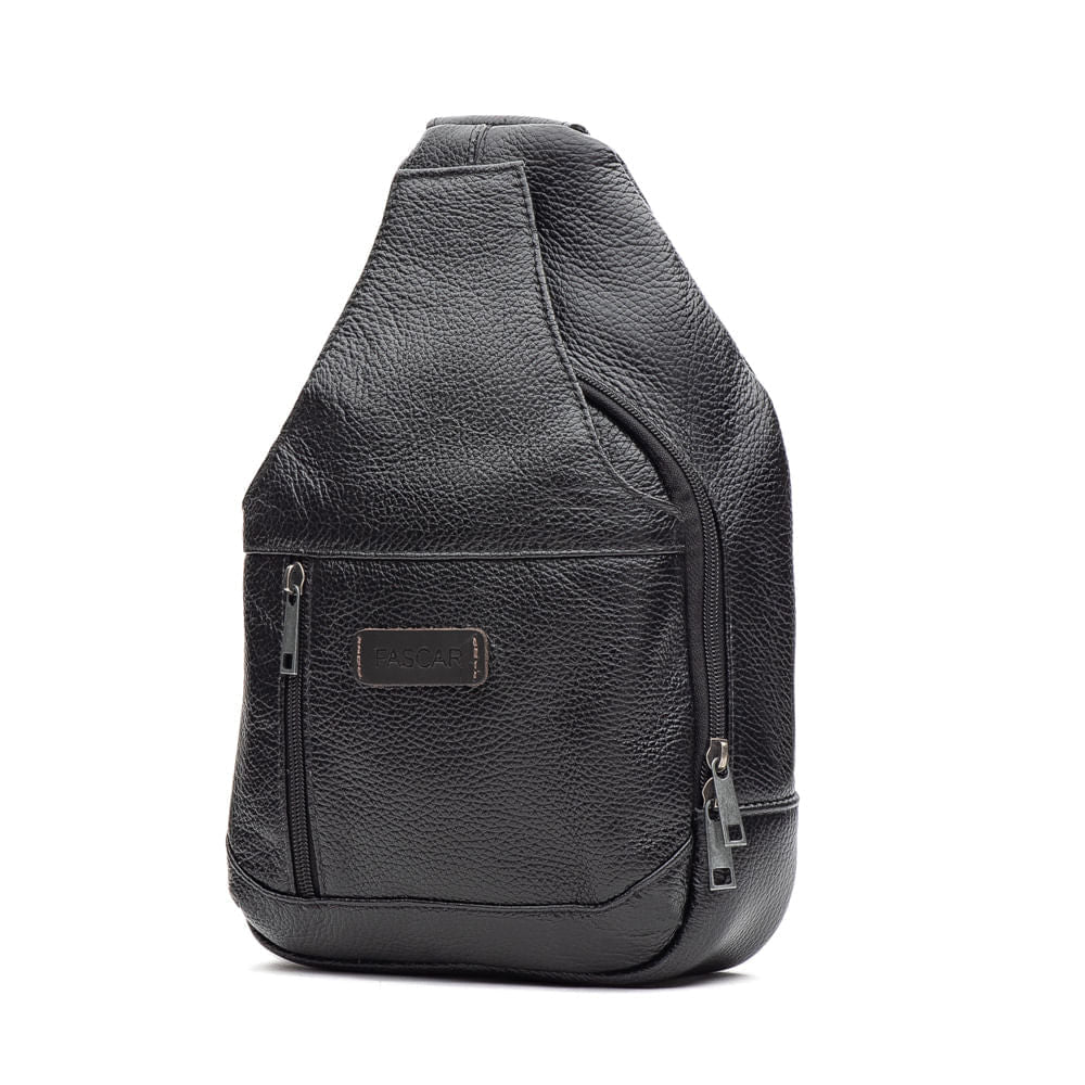 Mochila Pochete Transversal Fascar Preta Em Couro