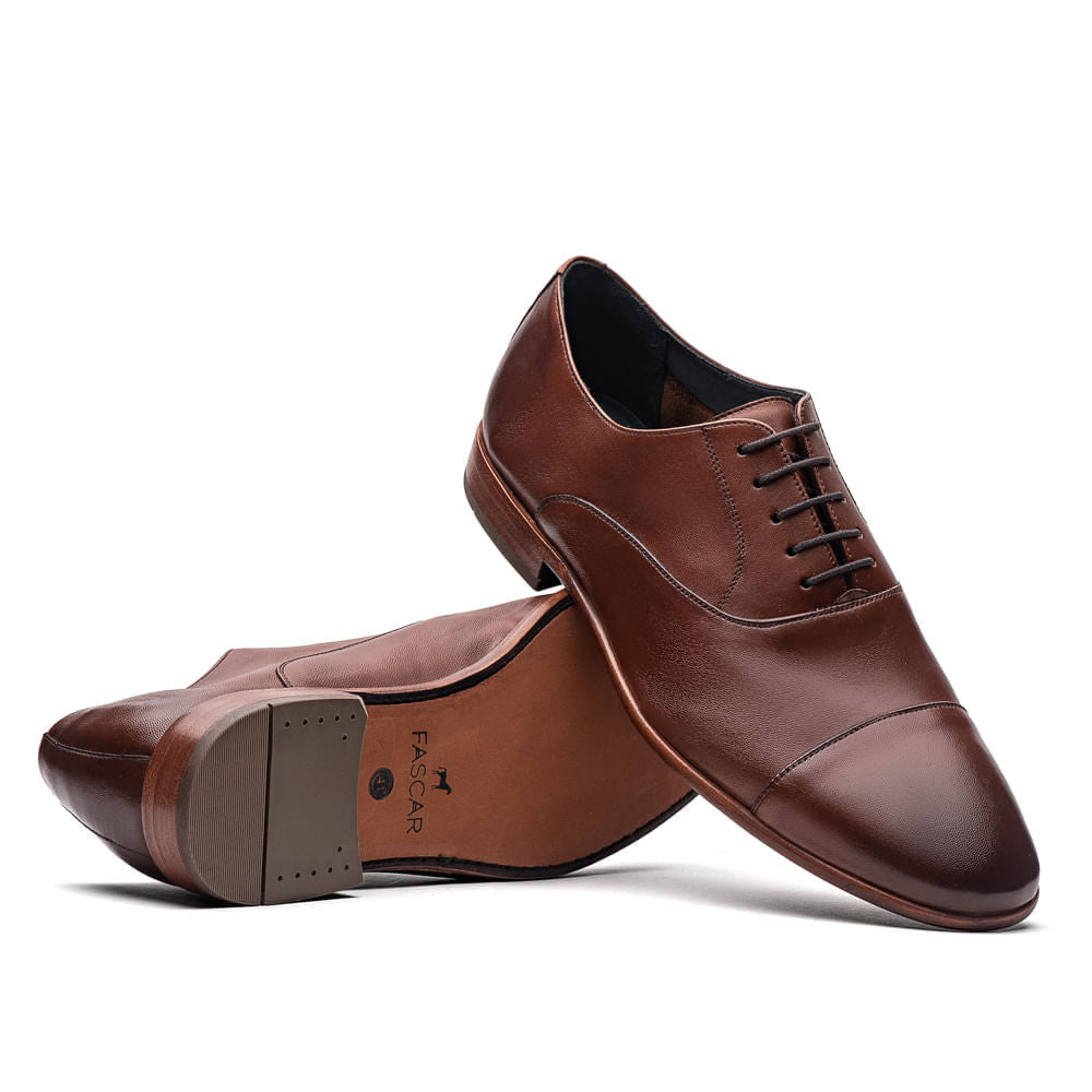 Sapato Masculino Social Fascar Oxford Cap Toe Marrom Em Couro