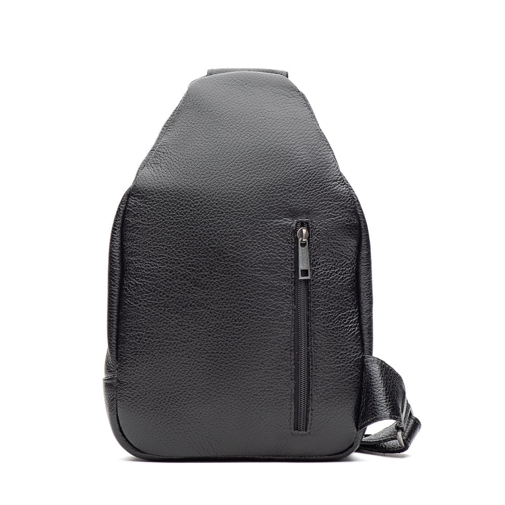 Mochila Pochete Transversal Fascar Preta Em Couro