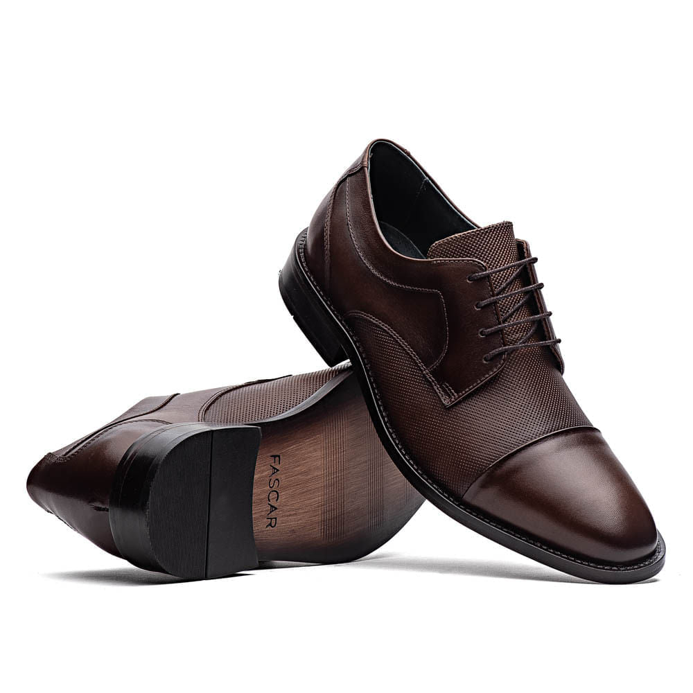 Sapato Masculino Social Fascar Derby Cap Toe Marrom Em Couro