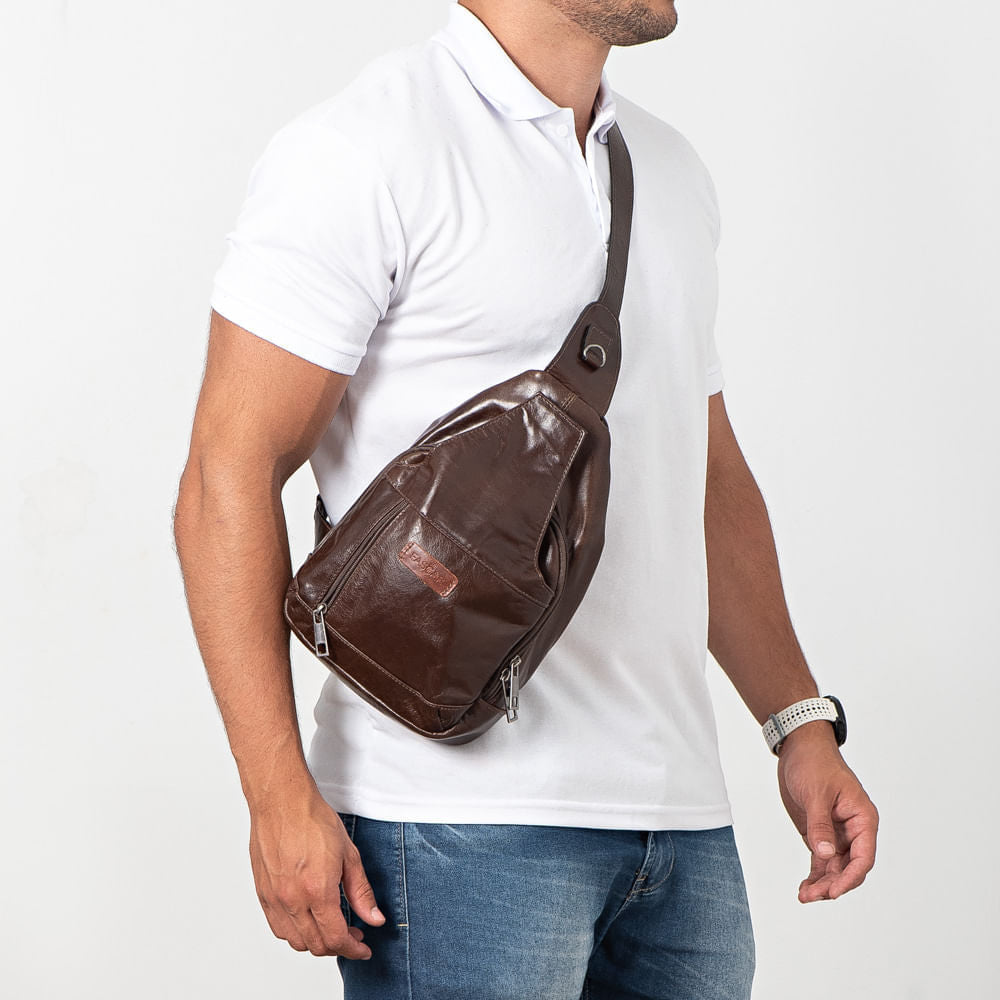 Mochila Pochete Transversal Fascar Marrom Em Couro