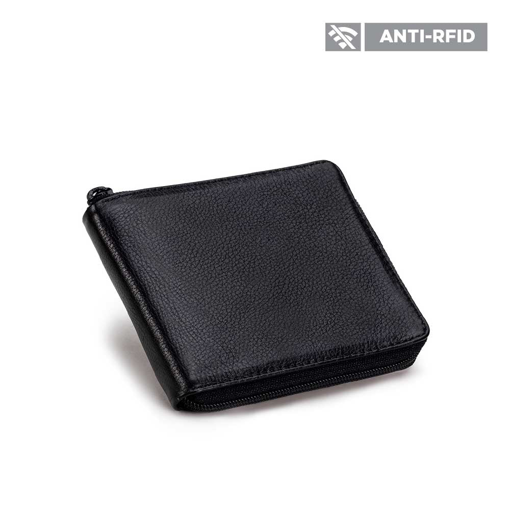 Carteira Masculina Com Zíper Fascar Preta Em Couro Com Proteção Rfid