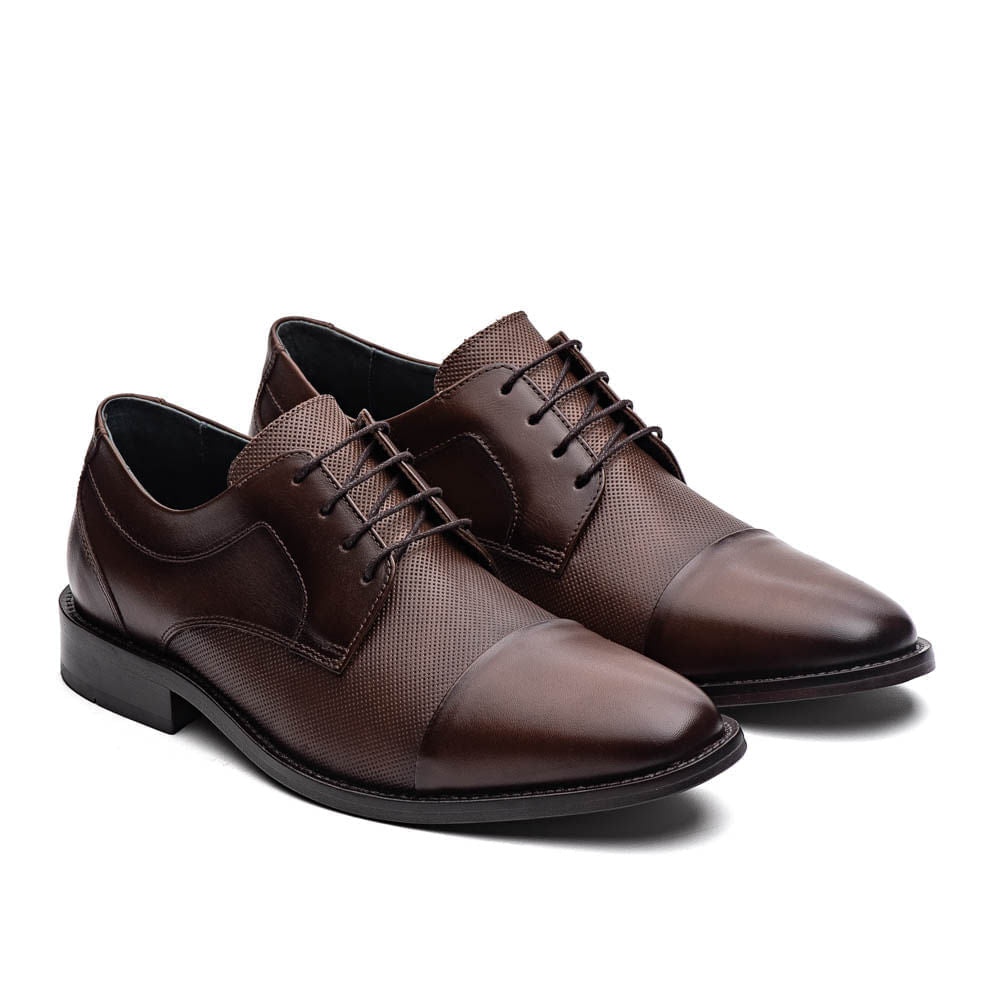Sapato Masculino Social Fascar Derby Cap Toe Marrom Em Couro