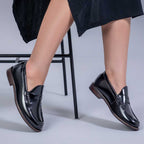 Mocassim Feminino Fascar Preto Salto Baixo Em Couro